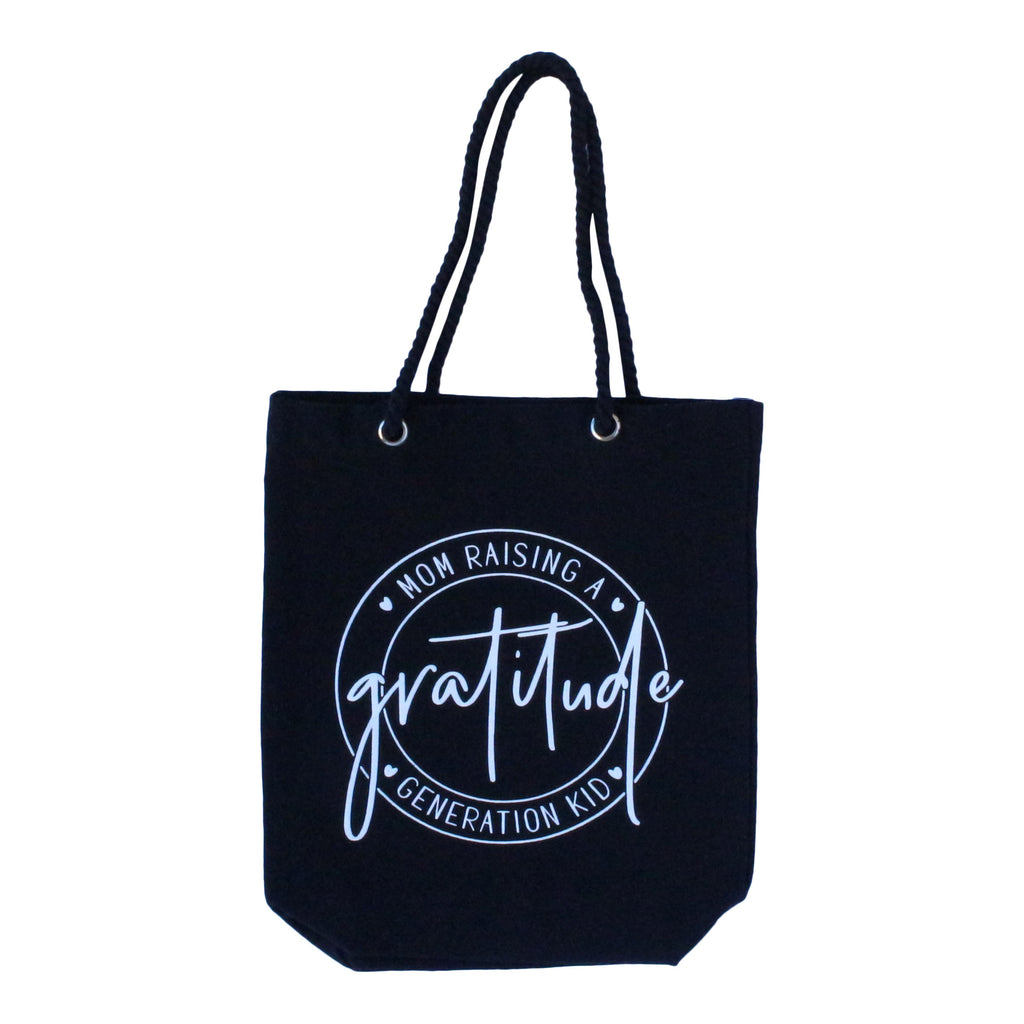 100% Cotton 'Mom Raising a Gratitude Generation Kid' tote bag, including a coaching card helping mom instill a mindset of gratitude into families life